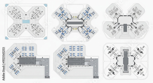 Architectural blueprints showcasing various building layouts and structural designs for urban planning and construction.