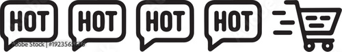 Four speech bubble icons with the word HOT inside them next to a stylized shopping cart icon indicating fast delivery and sales