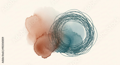 Abstract art with swirling blue lines and watercolor splashes in orange on white background creative design element for artistic projects