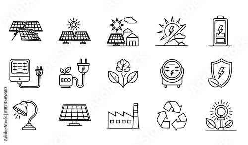 Renewable solar power linear icons pack with editable stroke clean energy vector illustration