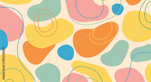 Vibrant abstract background with colorful shapes and swirling lines on a soft cream surface