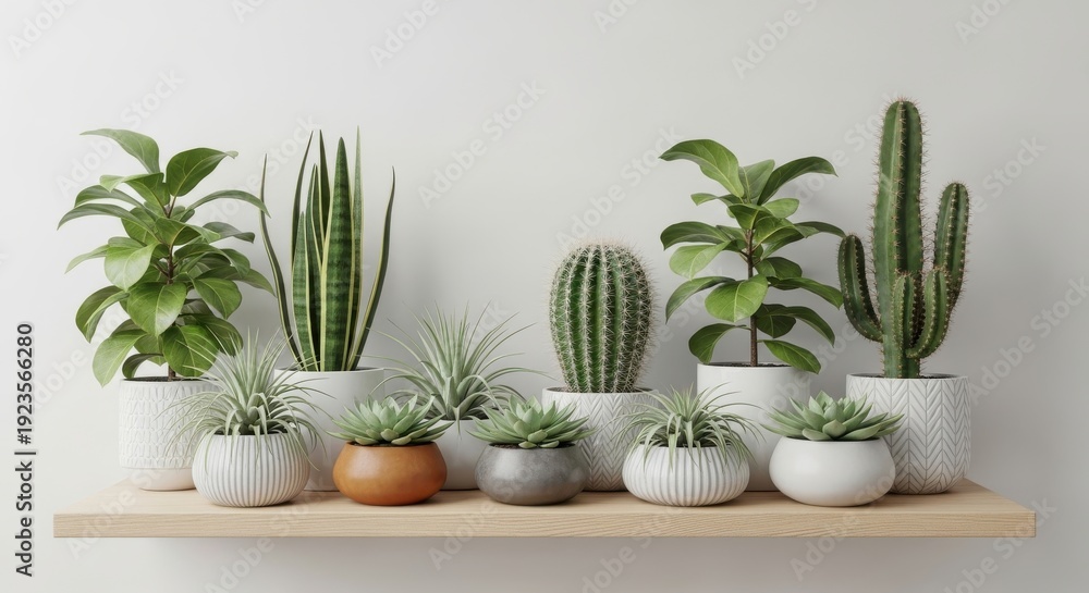 Obraz premium Variety of potted plants on wooden shelf against white wall