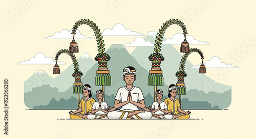 Balinese people meditating in traditional attire with mountains and ornate arches in background