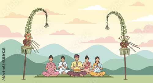 Balinese people meditating in traditional attire with offerings and mountains background