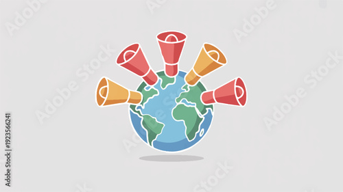 Global communication megaphones surround earth icon vector graphic