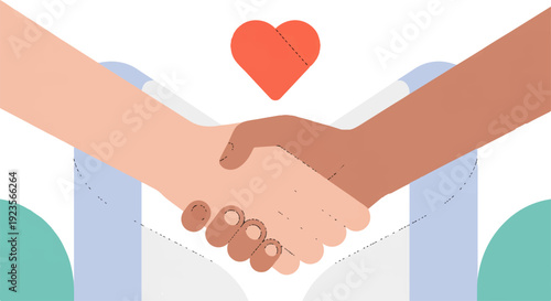 Diverse hands shaking with heart symbol representing friendship and partnership