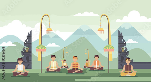 Balinese people meditating in traditional attire with temple gates and mountains background