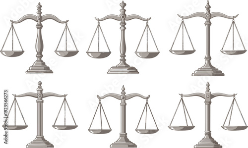 Justice Scale Collection Vector Illustration Set of Balanced Legal Symbols Isolated on White Background for Law Court and Judiciary Design