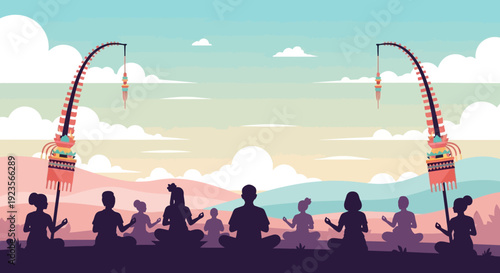 Balinese people meditating outdoors with prayer flags and serene landscape