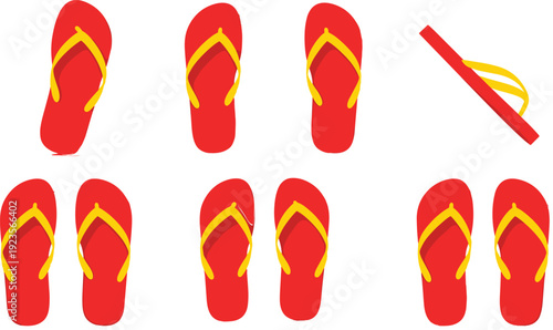 Red Flip Flop Sandal Collection Vector Illustration Set in Different Angles Isolated on White Background for Summer Beach Design