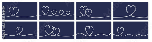 Collection of backgrounds with hand drawn hearts in line art style. Design for Valentine’s Day, Mother’s Day and Women’s Day. Vector illustration