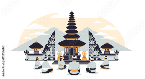 Balinese Temple Ceremony: People in Traditional Attire Praying at Pura Besakih