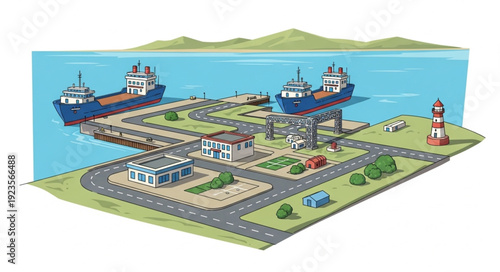 Coastal Port Scene Depicting Ships, Buildings, and Infrastructure Elements.