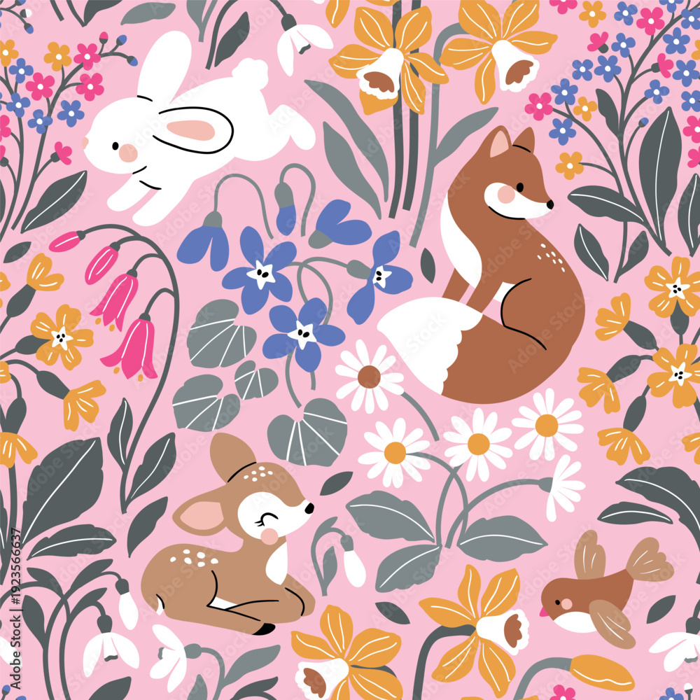 Obraz premium Seamless vector pattern with cute woodland animals and spring flowers. Hand drawn floral background with deer, fox, white rabbit and bird. Perfect for textile, wallpaper or nursery print design. 