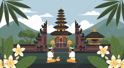 Balinese Temple Entrance with Offerings and People in Traditional Attire