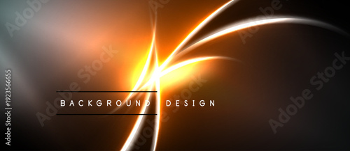 Abstract design features bright lines, warm colors, dark background. Elegant curves create dynamic visual impact. Modern aesthetic.