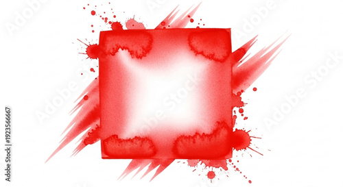 Vibrant red square frame with splattered paint strokes on white background for design and decoration