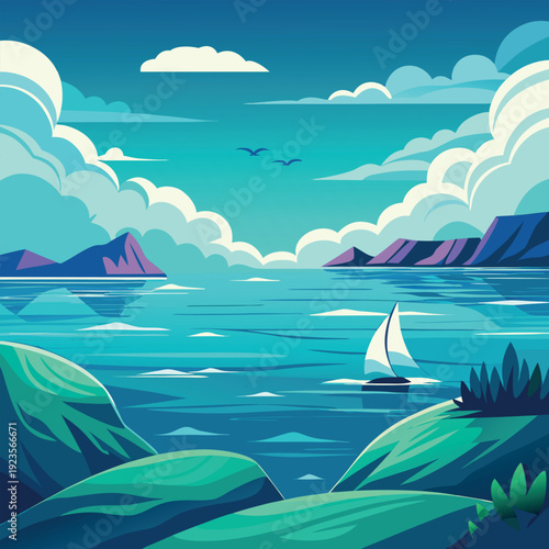 Futuristic floating bridge over serene island paradise with vibrant blue ocean and sky