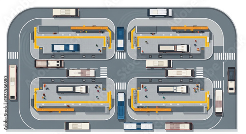 Top-down view of a busy transportation hub with multiple buses and vehicles.