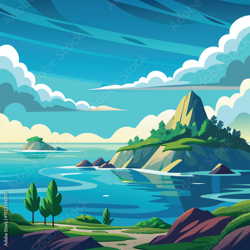 Futuristic floating bridge over serene island paradise with vibrant blue ocean and sky