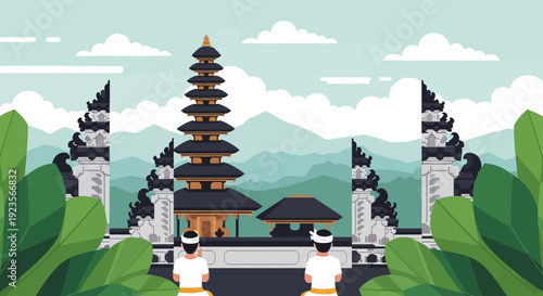 Balinese Temple Gate with Pagoda and Mountains, Two Men in Traditional Attire