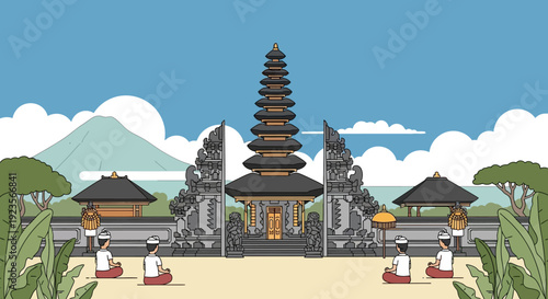 Balinese Temple Gate with Meru Tower, People Praying, Mountain, and Tropical Plants