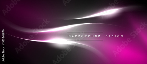 Abstract pink, purple gradients create flowing lines. Bright light streak emphasizes dynamic movement. Black background provides contrast. Simple text reads background design.