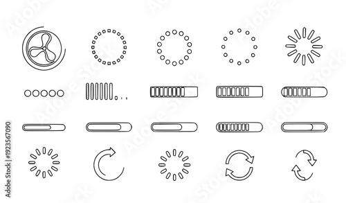 Minimal outline loading and progress bar icon collection isolated on transparent background