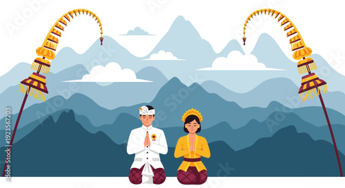 Balinese Couple Praying in Traditional Attire with Mountain Landscape and Penjor Decorations