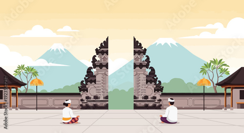 Balinese Gate and Mountains with People Meditating