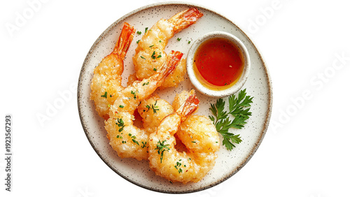 Crispy Golden Fried Shrimp with Sweet Chili Dipping Sauce Isolated on White