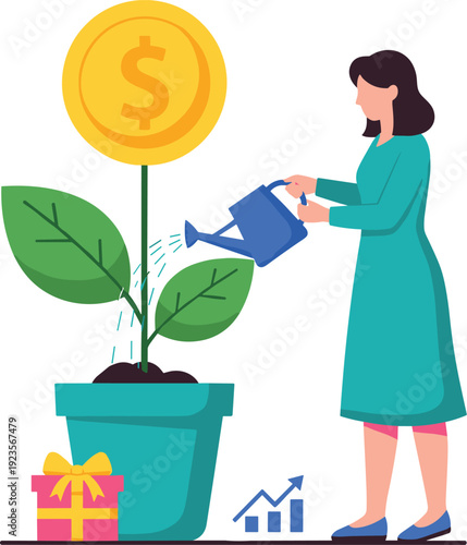 Woman watering money plant with gift box and growth chart, financial investment savings profit vector illustration concept