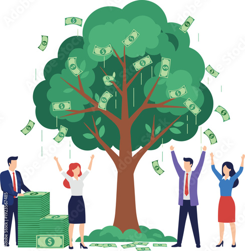 Successful business team celebrating under money tree with falling banknotes, financial growth wealth and profit vector illustration