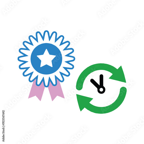 Blue rosette award symbol with pink ribbons and green clock cycle icon  business concept