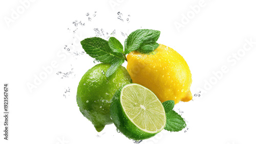Fresh Yellow Lemon and Green Lime with Mint Leaves and Water Droplets Isolated on White