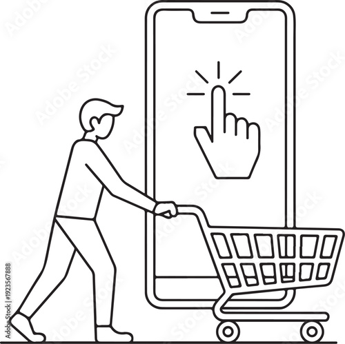 Online Shopping Concept with Person Using Smartphone and Cart for E-commerce, Digital Sales, and Mobile Shopping Platforms