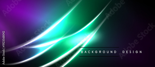 Abstract neon lines create vibrant gradient effect. Purple, green hues dominate dark background. Modern design element.