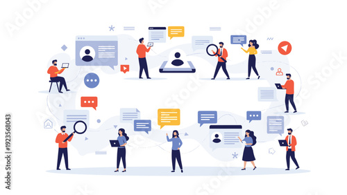 Professional group of diverse people interacting through global digital communication and online collaboration networks.