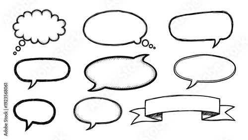 Selection of hand-drawn sketchy speech bubbles and a ribbon banner for comic dialogue and creative message design.