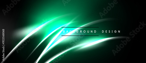 Abstract green background features flowing light streaks. Modern design evokes energy, dynamism, sleekness. Dark tones enhance vibrant glow.