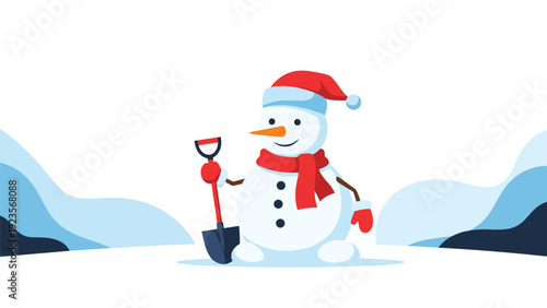 Cheerful snowman wearing a red hat and scarf while holding a shovel in a winter landscape for holiday season concepts.
