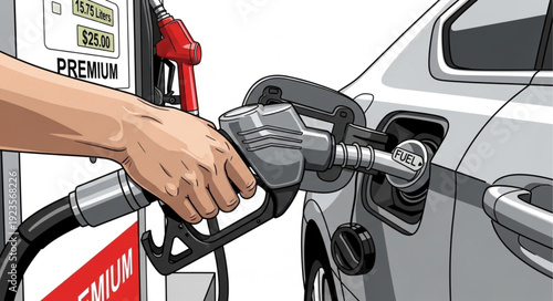 Hand Refueling Car at Gas Pump.