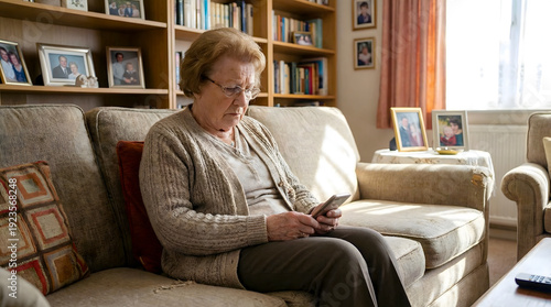sad grandpa looking at her phone while sitting on the couch, depressing environment image with grandma and a phone