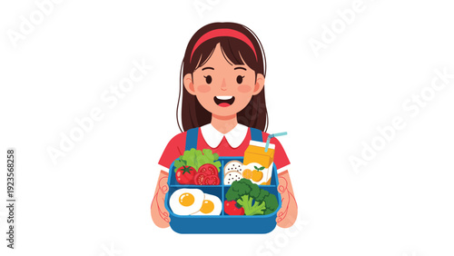 Smiling young girl wearing a red headband holds a healthy four compartment lunch box containing eggs, tomatoes, broccoli, and fruit snacks.