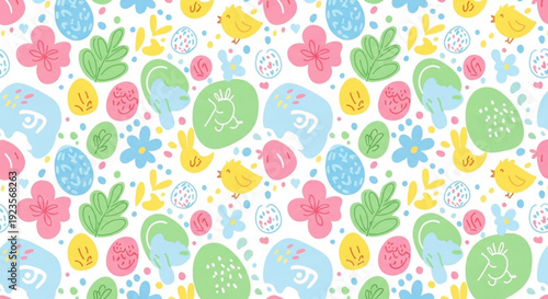 Colorful easter eggs and flowers pattern on white background pastel hues whimsical design for spring and holiday themes