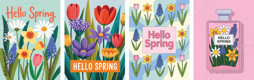 Cute Spring Floral Card and Poster Set with Hand Drawn Wildflowers, Tulips, Daisies and Narcissus Blooms, Colorful Botanical Templates for Womens Day, Birthday, Mothers Day