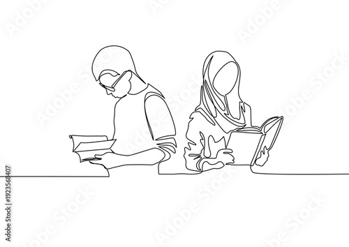 Vector illustration two people reading a book together