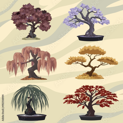 Elegant Variety of Bonsai Trees Vector Illustration Set - Japanese Miniature Plants with Diverse Forms and Colors