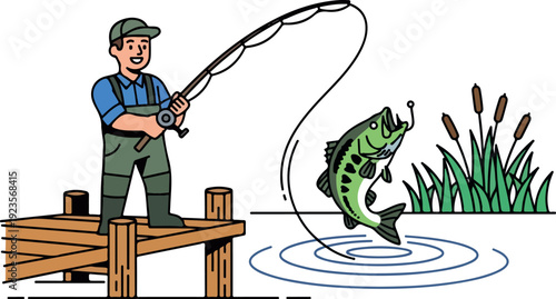 Fishing Action Catching Bass Isolated Transparent Background Flat 2D Vector