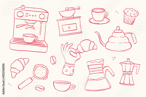 Red monochrome coffee and bakery doodles collection for posters, banners, cards, social media visuals, stickers, prints decor. EPS 10